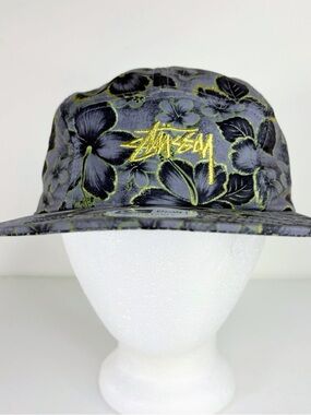 Stussy Floral Five-Panel Cap in Black, Olive & Gold Embroidery